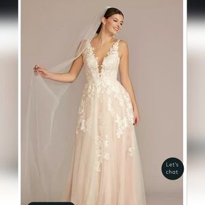 Oleg Cassini Illusion Plunge V-Neck Lace Wedding Gown Size Four